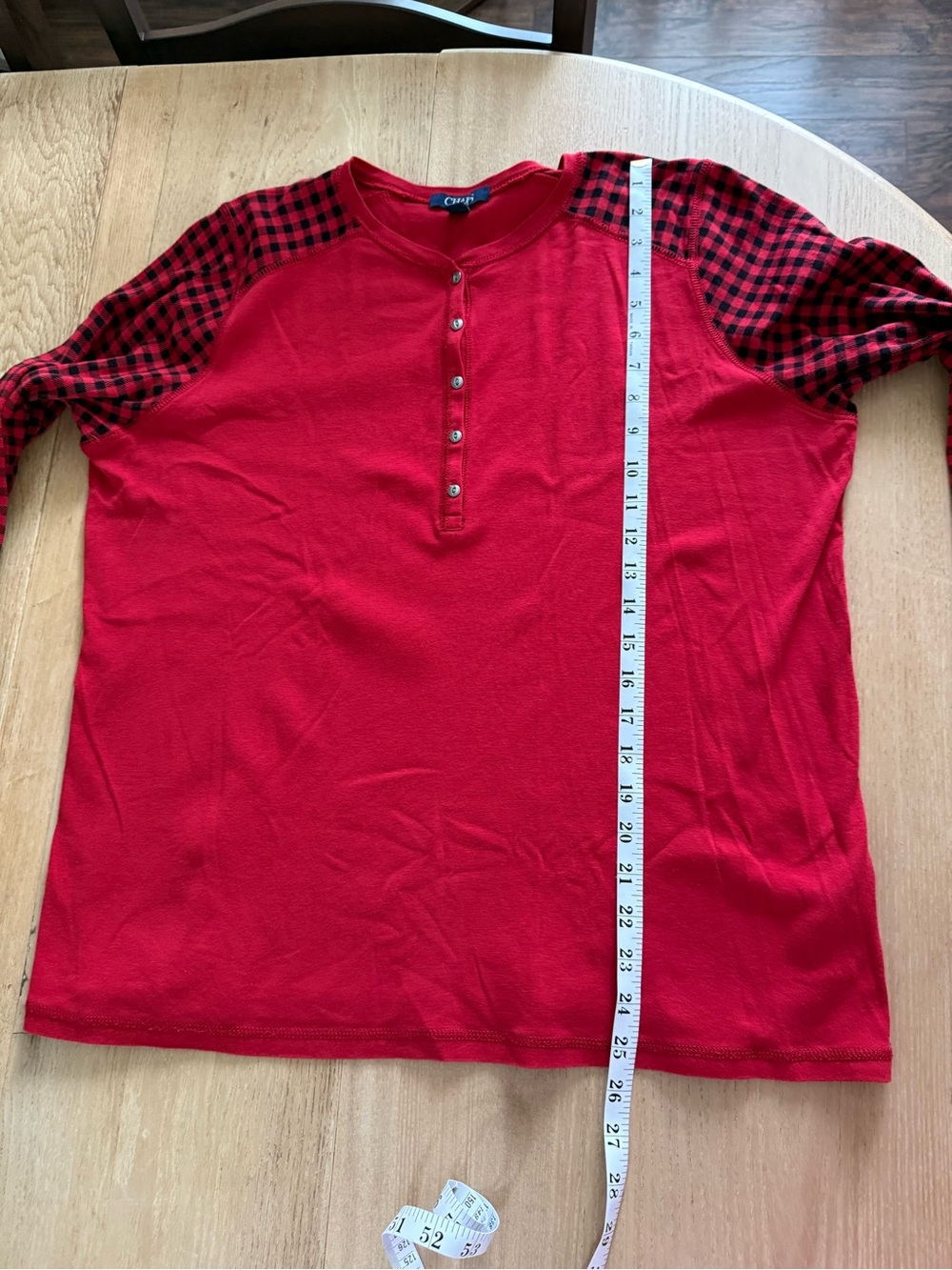 Chaps Red Henley with Black-Red Plaid Raglan Sleeves - Picture 5 of 5